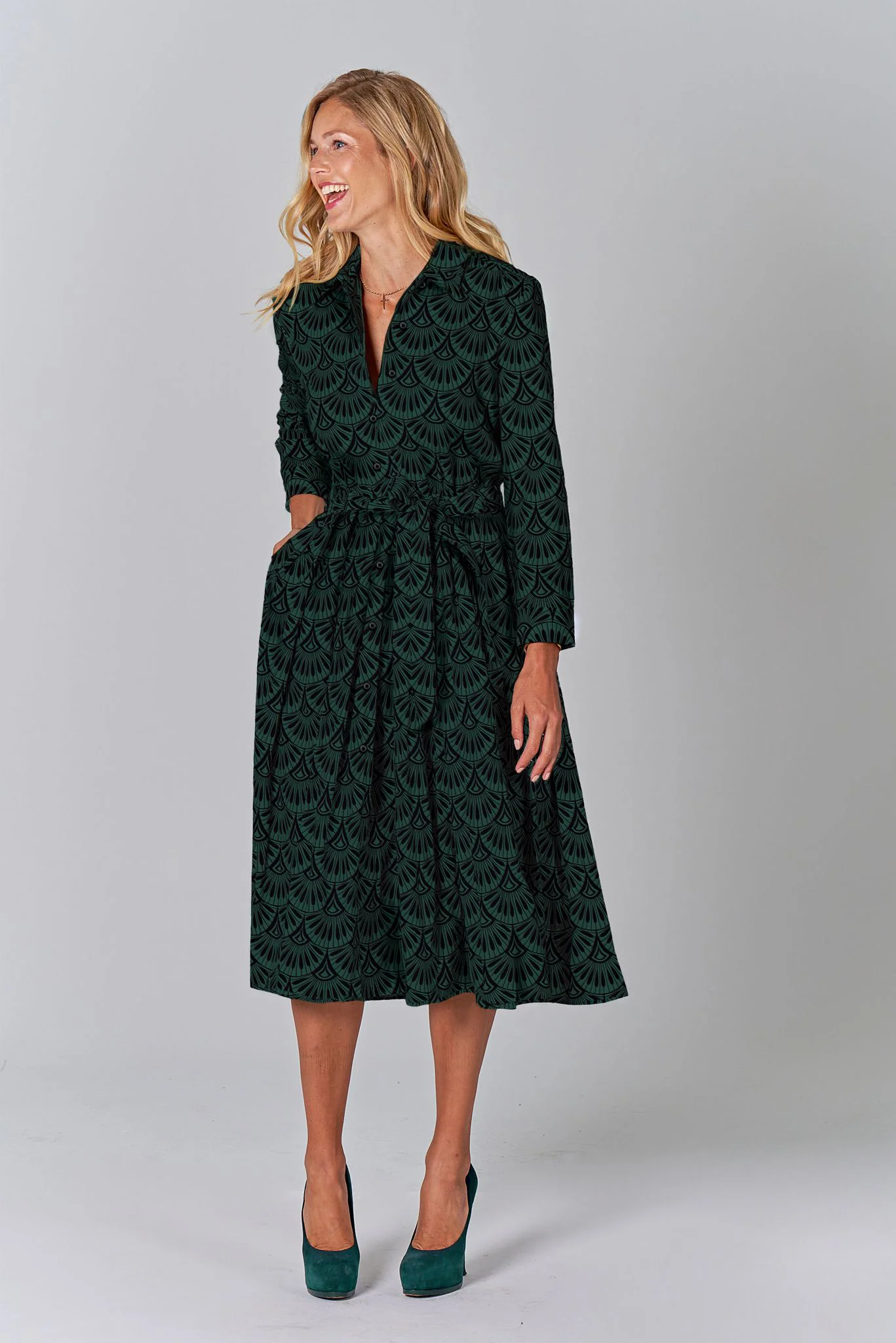 Emerson Dress in Cotton | Art Deco Geo Evergreen - Atomnpay